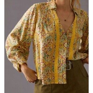 Pilcro by Anthropologie Pintuck Peasant Blouse Yellow Floral Print XL